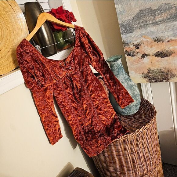 Asos Burnt Orange Velour Embroidered See Through Detail Trim Peasant Style Long - Picture 10 of 13